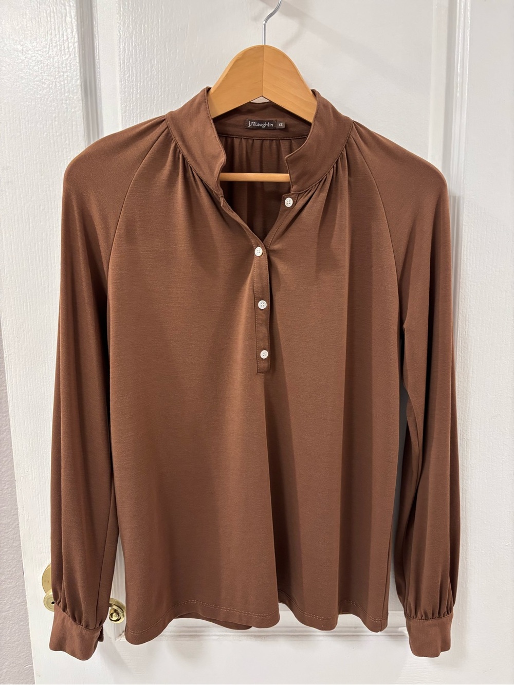 J. McLaughlin Chocolate Brown Long-Sleeve Henley Popover Blouse Top size XS